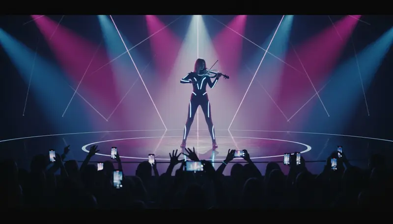 Electric violinist in Singapore in an LED-lit outfit playing on stage at a product launch party with coloured lights