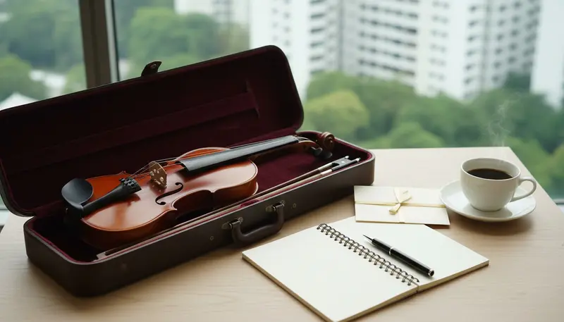Planning the budget for a violinist in Singapore: an open violin case, a notebook and a wedding invitation on a table by the window