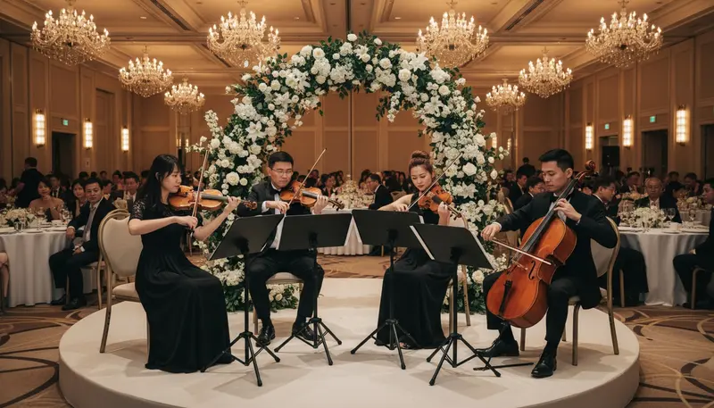 String quartet in Singapore with two violins, a viola and a cello playing at a wedding reception in a hotel ballroom