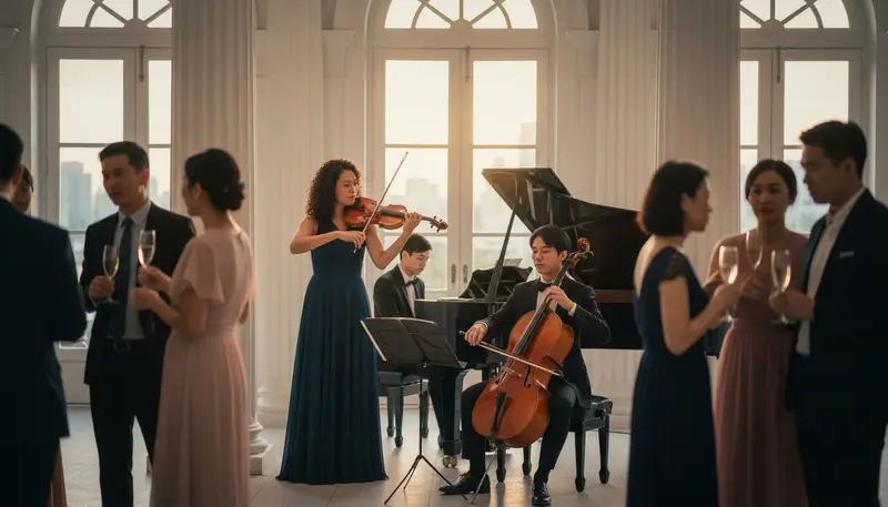 String trio in Singapore with a violinist, a cellist and a pianist playing at a cocktail reception
