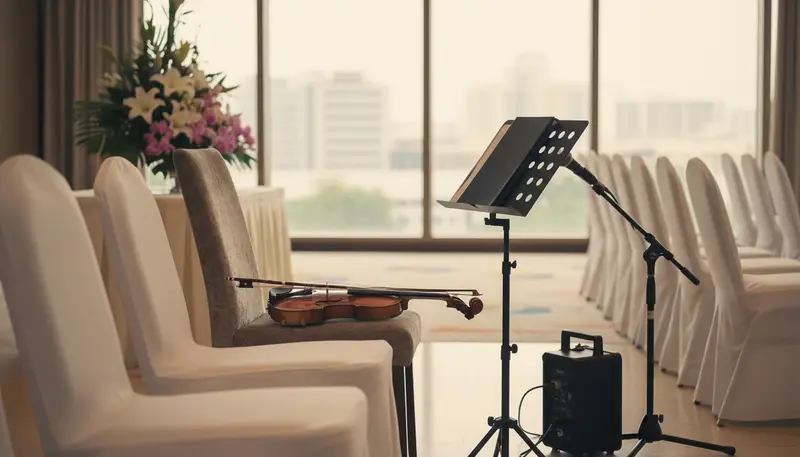 Violin resting on a chair beside a music stand and a small speaker in an empty function room before an event in Singapore