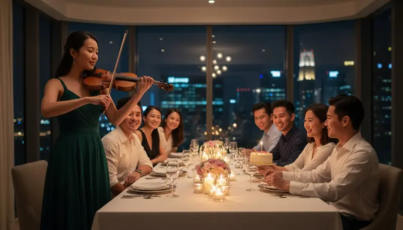 Violinist at a private party in Singapore playing beside a candlelit dinner table for a birthday celebration at home