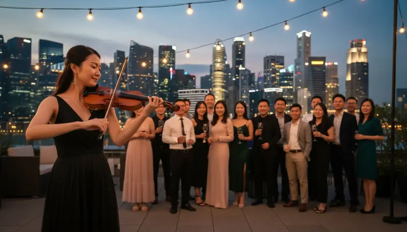 Violinist in Singapore playing for guests at an evening rooftop party with the city skyline behind