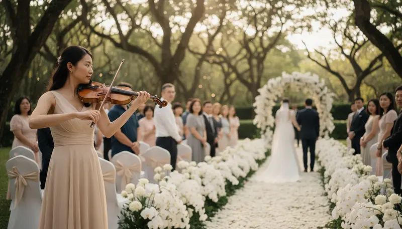 Wedding violinist in Singapore playing beside the aisle as the bride walks in at a garden solemnisation